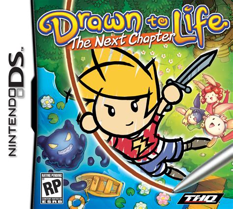 the box art for Drawn to Life: The Next Chapter. a sketch of a blond boy wearing a red shirt swings from a red vine while holding a sword out behind him. a DS stylus is drawing the vine. below him there are Raposa and a purple smoke monster